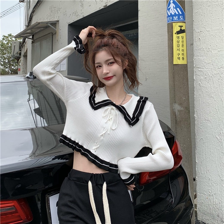 【ZHELIHANGFEI】 / Áo Sweater Dệt Kim Cổ Búp Bê Dáng Ôm Thiết Kế Cột Dây Kiểu Retro Thời Trang Xuân Hè Cho Nữ