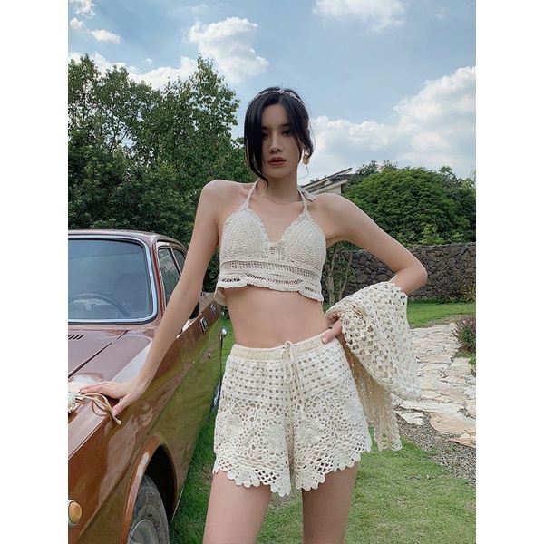 Bikini Len Đi Biển, Set Ren 3 Món Quảng Châu Đan Ngực Vivi Shop