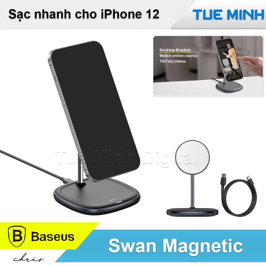 [Mã 267ELSALE hoàn 7% đơn 300K] Sạc nhanh không dây cho Iphone 12 Baseus Swan Magnetic Desktop Bracket Wireless Charger