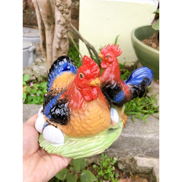 Tiểu cảnh gà trống mái gốm Bát Tràng