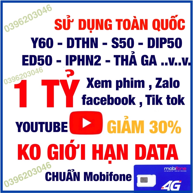 Sim KO GIỚI HẠN DATA Mobifone S50 , DIP50 , Y60 , BL5GT , DTHN , IPHN2