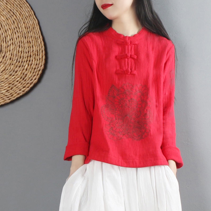 Áo sơ mi cotton tay dài thêu họa tiết phong cách Trung Hoa cổ điển thời trang mùa xuân mới cho nữ
