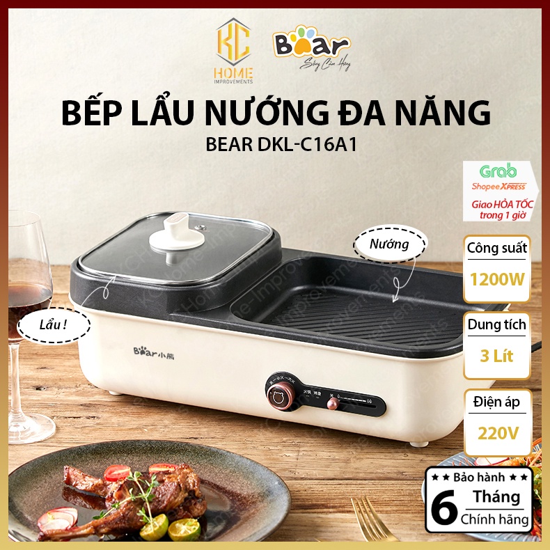Bếp Lẩu Nướng Mini 2 Ngăn Trắng Kem Bear 3L, DKL-C16A1, KC Home, BH 06 Tháng