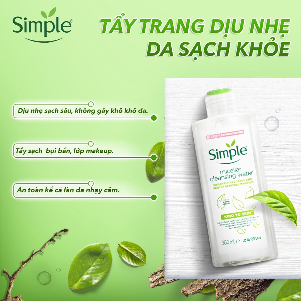 Nước Tẩy Trang Simple Micellar 200ml Làm Sạch Trang Điểm Skincare Chăm Sóc Dưỡng Da Vượt Trội