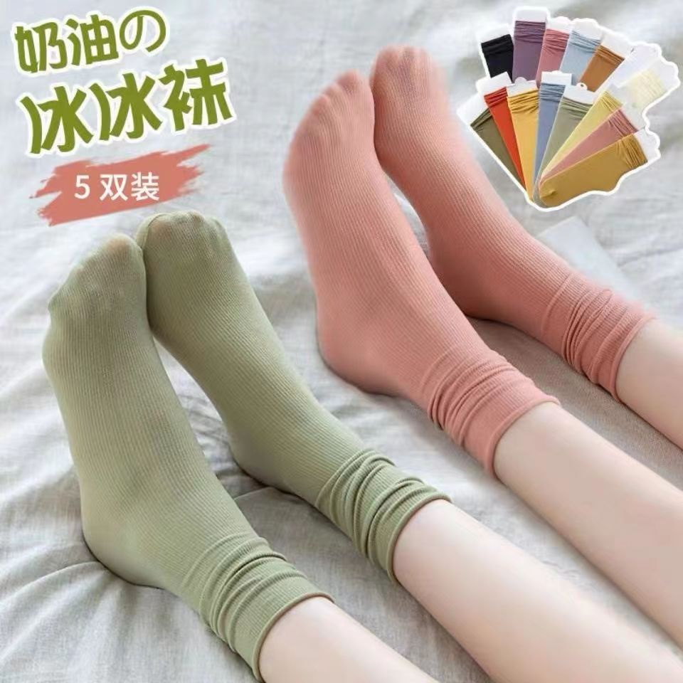 Tất Vớ Nữ Cao Cổ Màu Trơn Chất Mỏng Thoáng Mát Cổ Nhún Nhiều Màu Dễ Thương