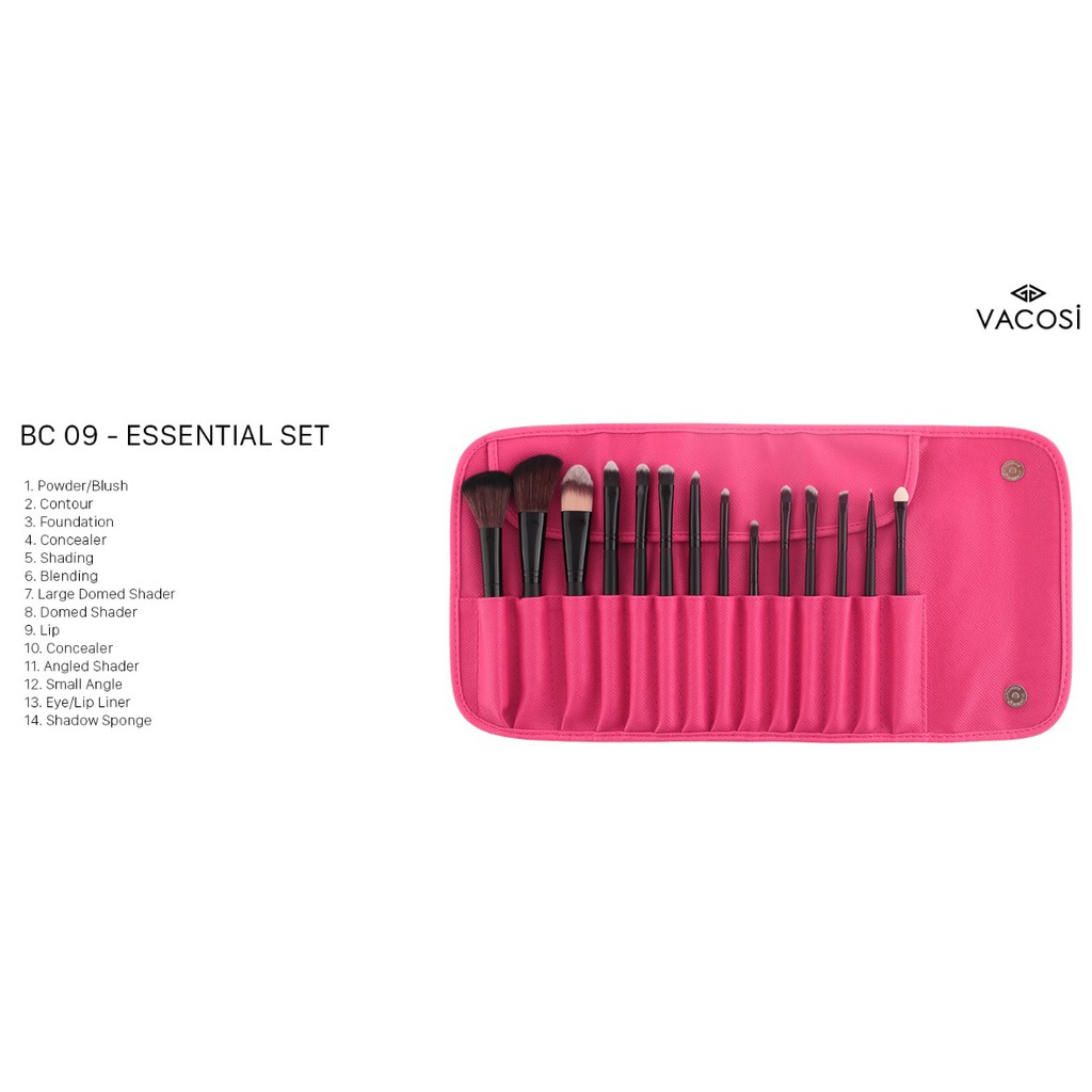 [CHÍNH HÃNG] Bộ Cọ Trang Điểm Bóp Da Hồng 14 Cây Vacosi Essential Brush Set BC09