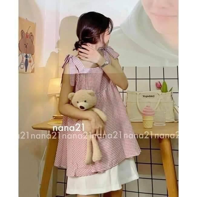 Set áo kẻ nơ vai dáng babydoll+sooc trắng,Set bộ đồ style Hàn Quốc - ZADOLA FASHION