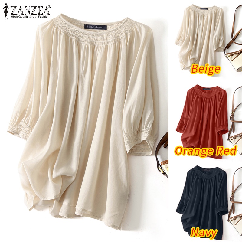 ZANZEA Áo Kiểu Cổ Tròn Tay Lỡ Màu Trơn Dáng Rộng Thời Trang Cho Nữ