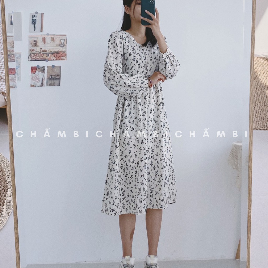 Đầm Babydoll Hoa Nhí Dài Tay Cúc Ngực Cổ V Freesize<53kg - V.046 | BigBuy360 - bigbuy360.vn