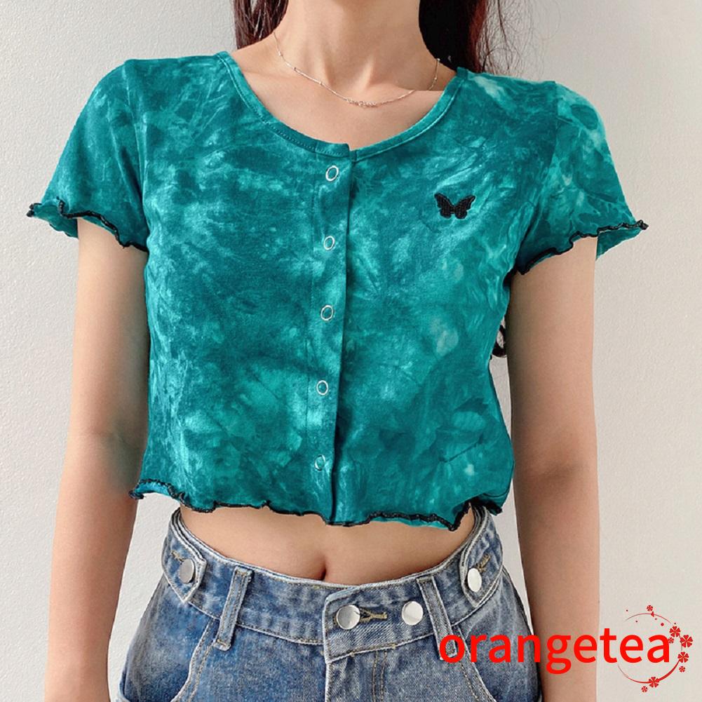 Women Fashion Tie-dye Butterfly Embroidery Top Summer Short Sleeve Round Neck Crop Top