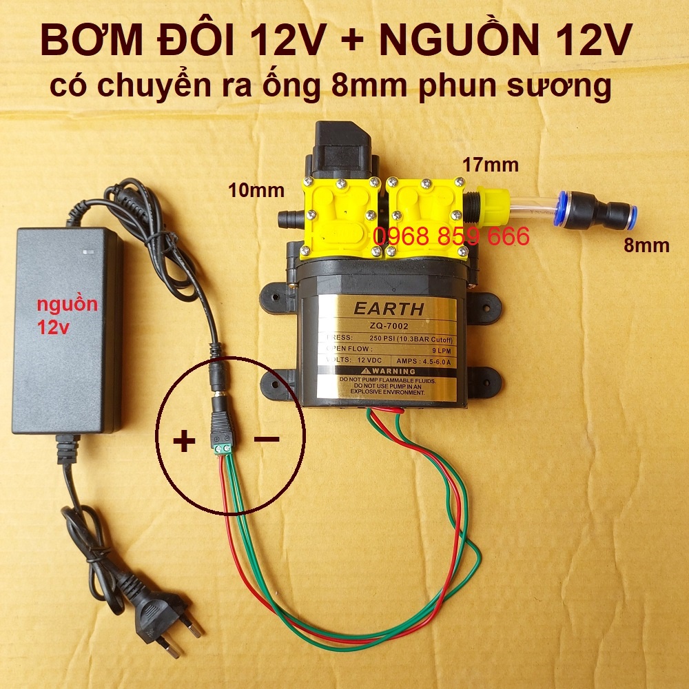 máy bơm phun sương ,máy bơm nước đôi EARTH tăng áp lực nước mini 12V 120W Lưu lượng 9L/phút (bơm đôi 12v)