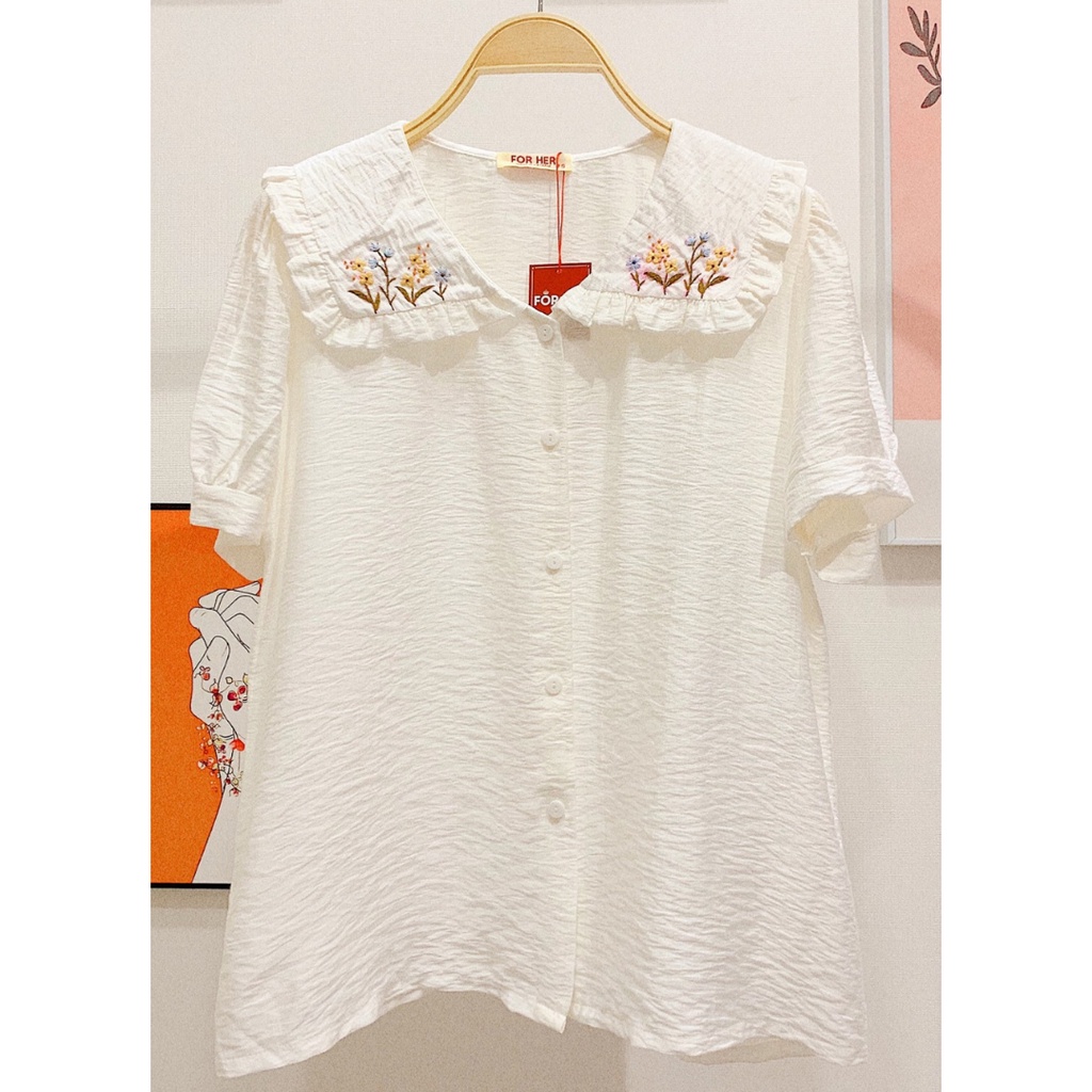 Áo Cổ Vuông FOR HER Bèo Hoa Thêu  AO0610
