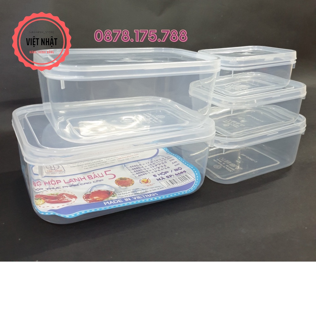 [Combo bộ 5] Hộp Đựng Thực Phẩm Việt Nhật Có Nắp Gài Tiện Dụng - Bộ 5 hộp hình chữ nhật mã số 6685