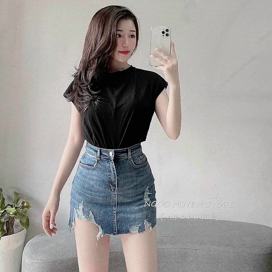 Váy Jean ngắn rách gối lót quần trong phom ôm chất co dãn mềm mại