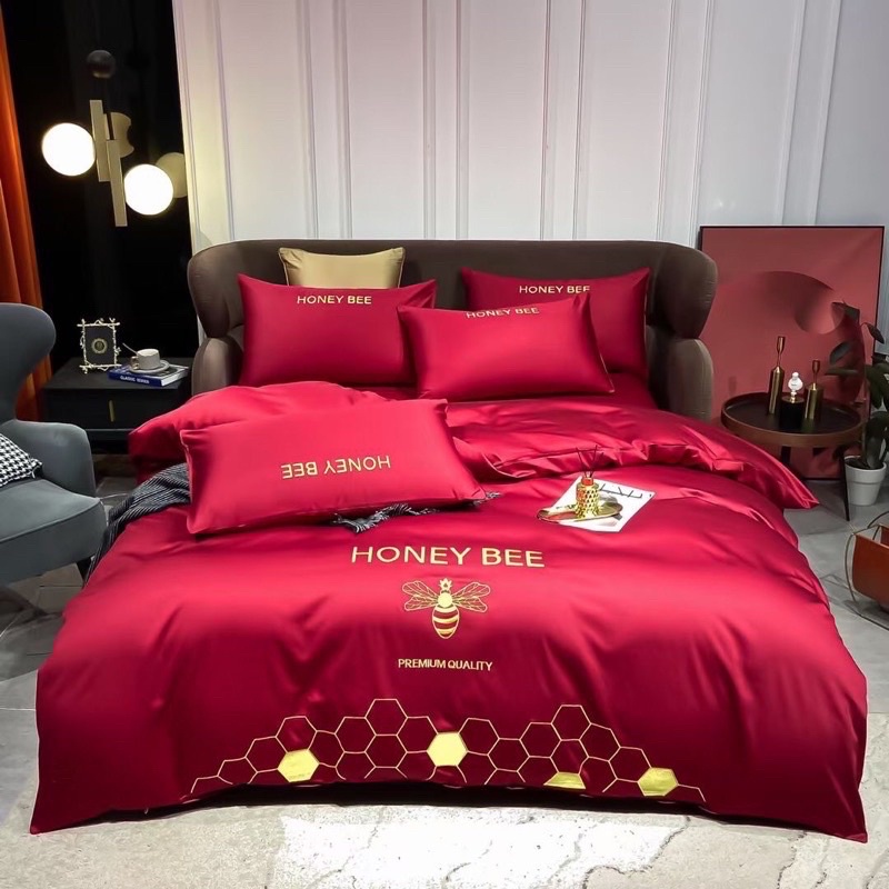 Bộ Chăn Ga Gối Lụa Cotton HONEY BEE Thêu Ong Sang Trọng Hàng Nhập Khẩu