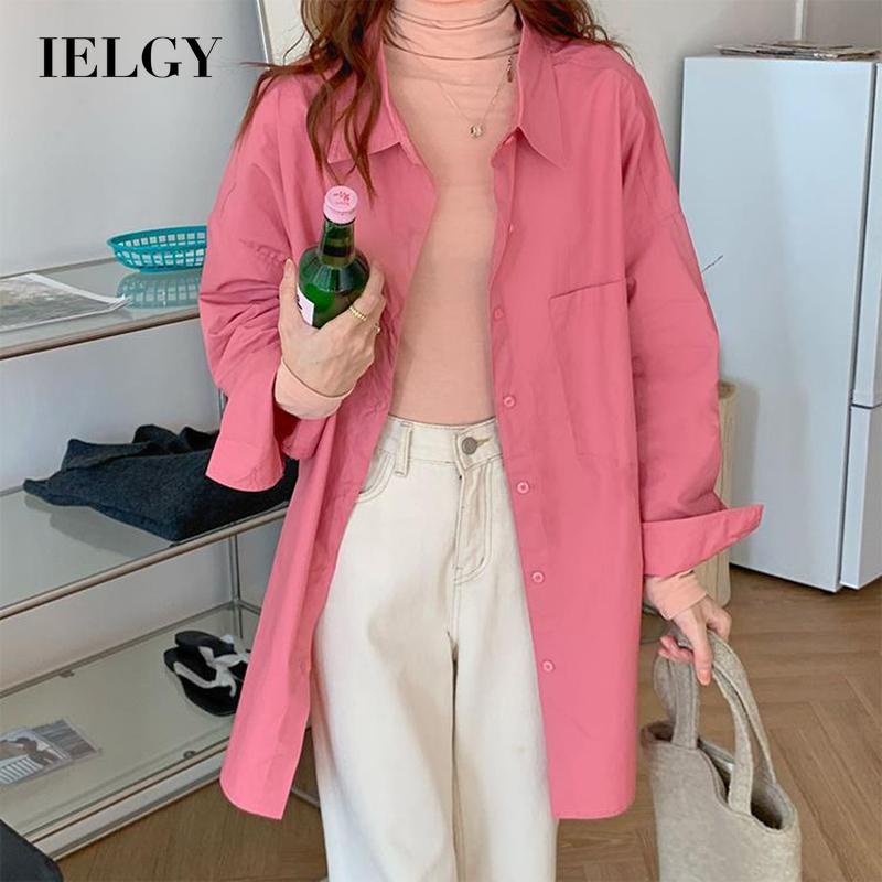Áo sơ mi IELGY dài trung bình dáng rộng có túi phong cách Hàn Quốc thời trang cho nữ