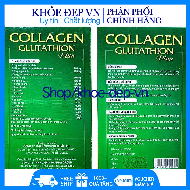 Viên Uống Đẹp Da Collagen Glutathion Gold trắng da , đẹp dáng , chống lão hóa , sạm nám tàn nhang hộp xanh 30 viên HL