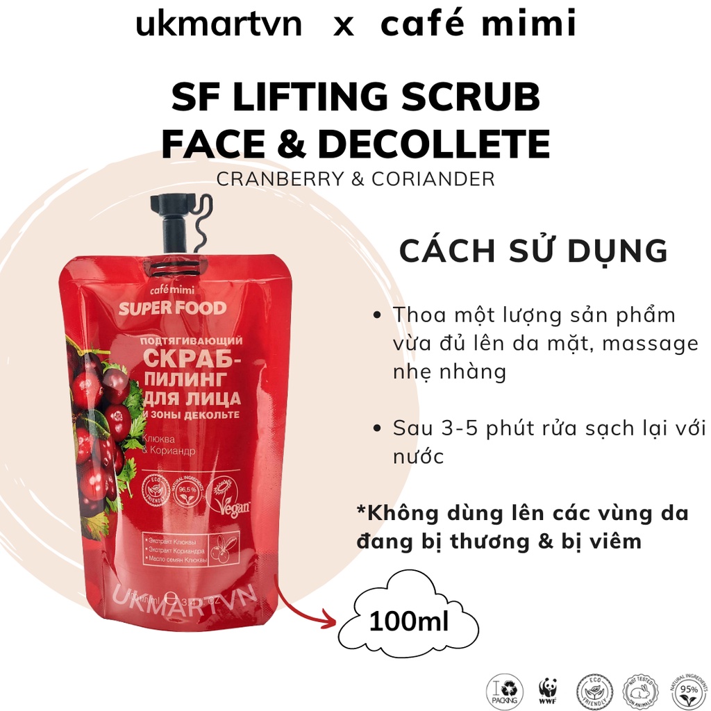 Tẩy Tế Bào Chết CAFÉ MIMI Nâng Cơ cho Da Mặt Và Vùng Ngực Cranberry &amp; Coriander 100m