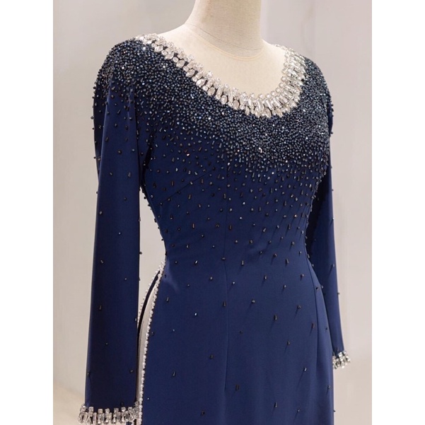 ÁO DÀI BÀ SUI XANH ĐEN ĐÍNH KẾT ĐÁ CAO CẤP