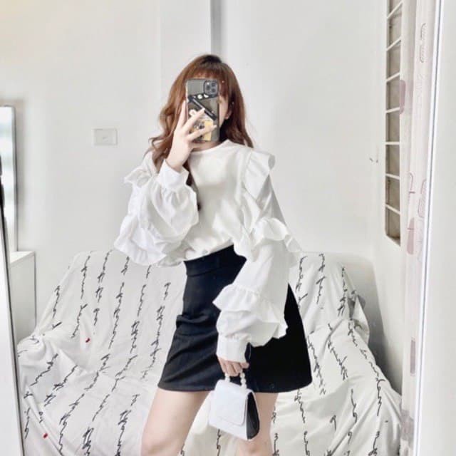 A054 Áo Sơ Mi  không cổ Nữ Bánh Bèo Tay Bồng Hot Girl, Áo Tiểu Thư Trắng Tay Bèo Tầng Ulzzang Phong Cách Hàn Quốc