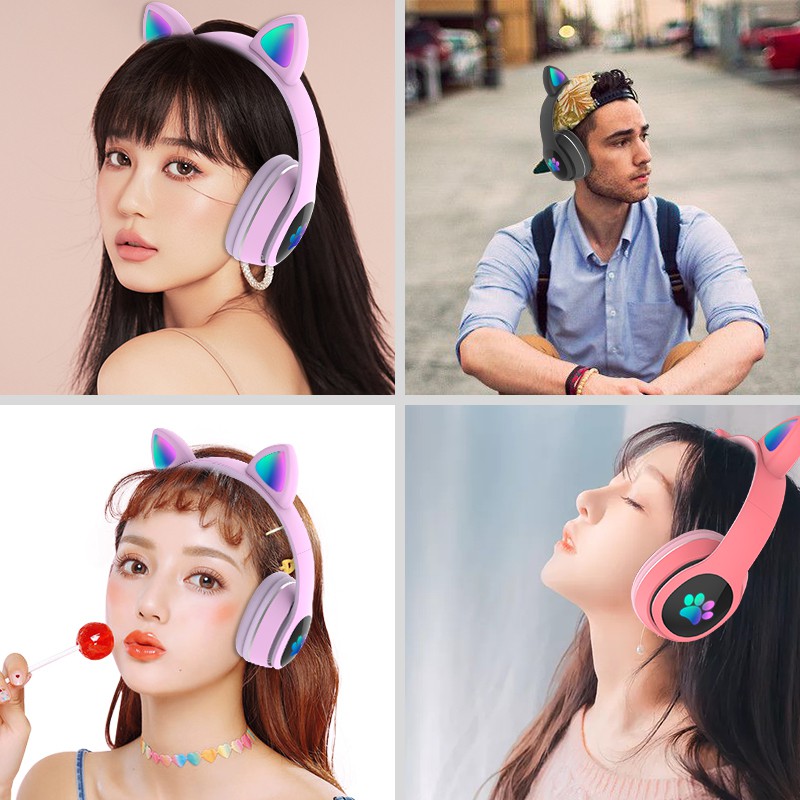 Tai Nghe Tai Mèo Dễ Thương Có Led Đổi Màu, Headphone Không Dây - Tai Nghe Bluetooth Chụp Tai Có Mic Đàm Thoại, Chống Ồn Tai nghe bluetooth 5.0 không dây họa tiết tai mèo phát sáng phong cách thể thao BEST