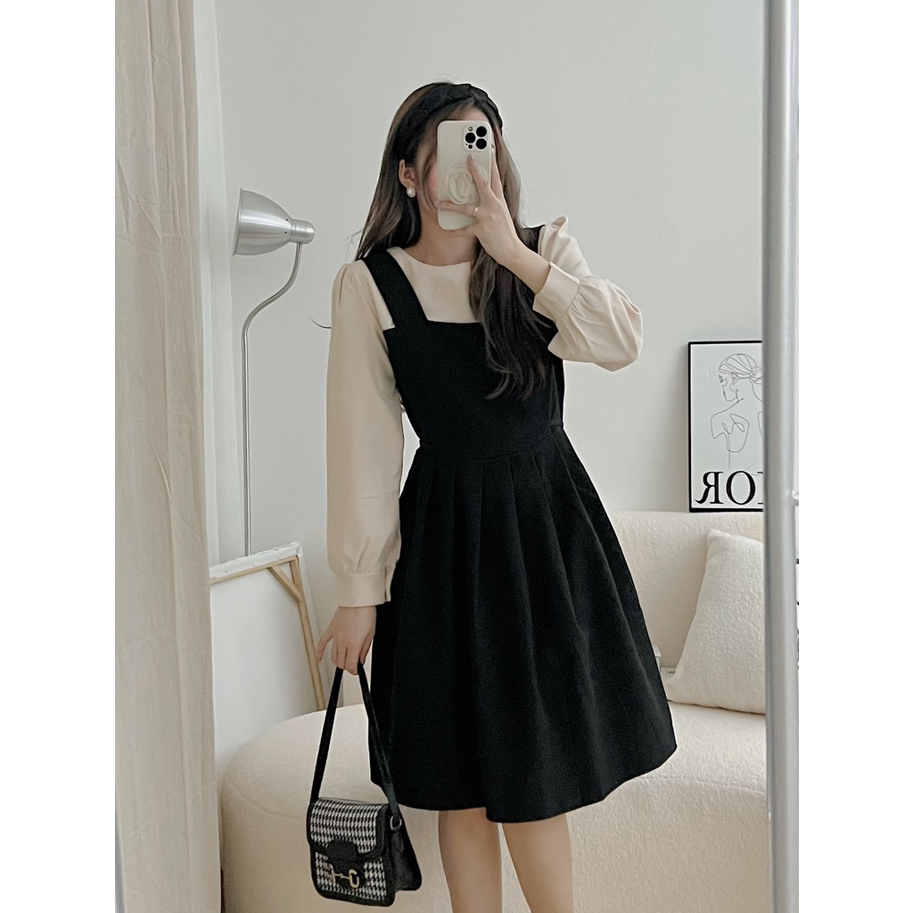 Váy Nữ Liền Giả Set Tiểu Thư Tay Dài Cổ Tròn Nhung Thô Xếp Ly Eo Phong Cách Hàn Quốc Đ13101