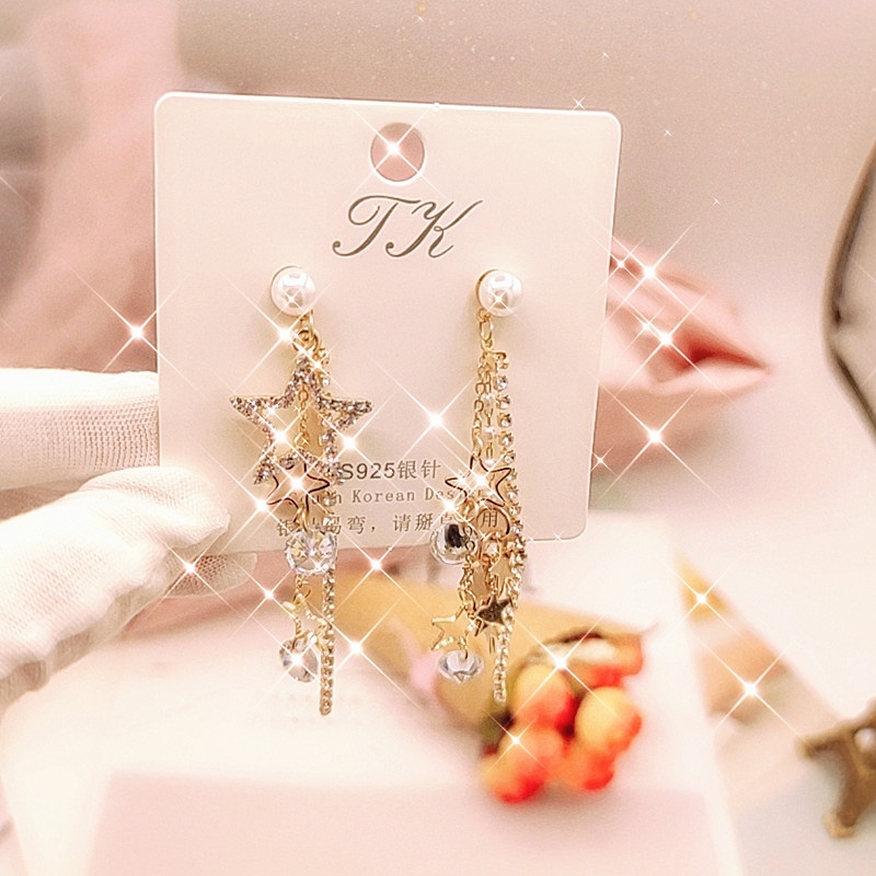 Khuyên Tai Tua Rua Dài Hình Ngôi Sao Năm Cánh Đính Ngọc Trai Sang Trọng Thời Trang Hàn Quốc