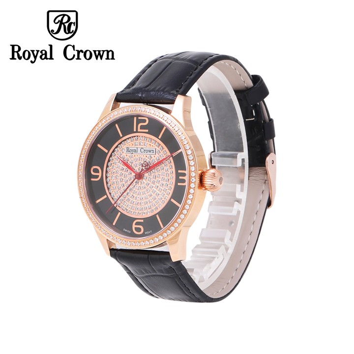 Đồng Hồ Nữ Chính Hãng Royal Crown 6118M Dây Da Đen Vỏ Vàng Hồng