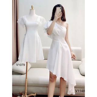 Váy đầm dự tiệc lệch vai màu trắng chất kate Hàn ( ngắn tay)