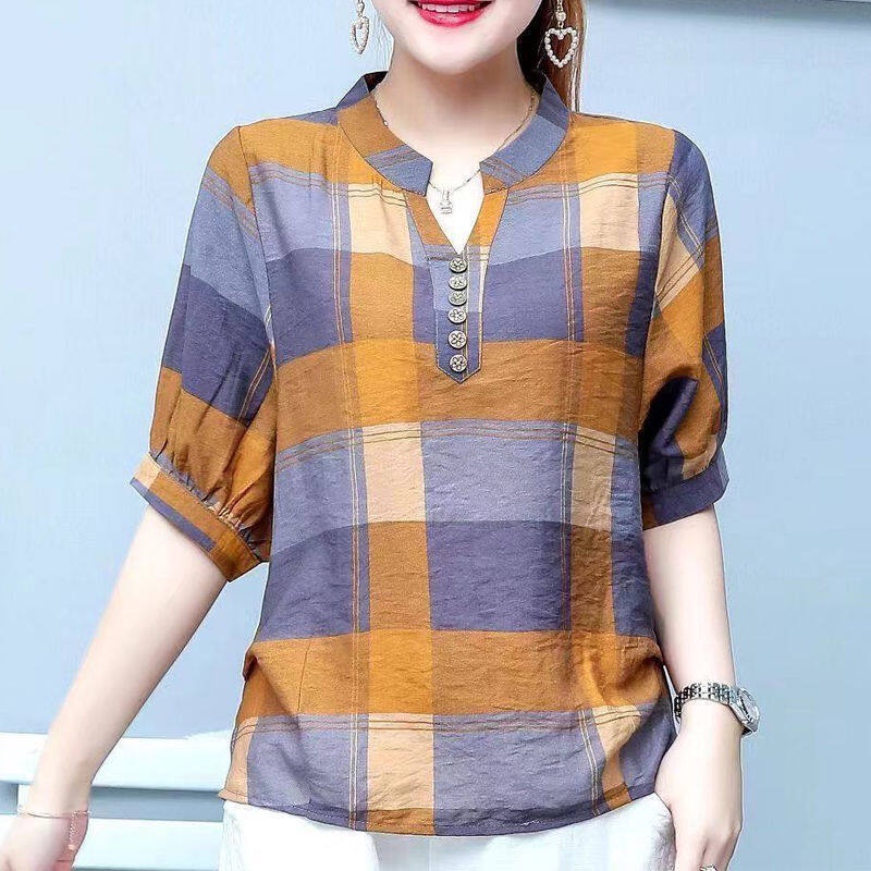 Áo Sơ Mi Cotton Linen Dáng Rộng Kẻ Sọc Caro Thời Trang Mùa Hè Phong Cách Hàn Quốc Cho Nữ Mới
