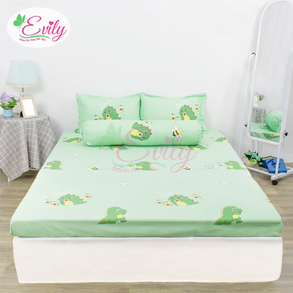 Trọn Bộ Ga/Drap Trải Giường Kèm 2 Vỏ Gối Mùa Hè Chất Cotton Poly Evily Mềm Mịn, Thoáng Mát Mẫu KHỦNG LONG