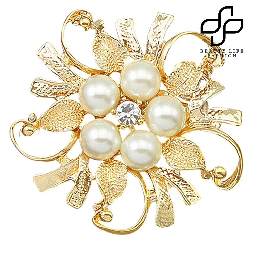 【NEW】Flower Brooch Pin Rhinestone Crystal Faux Pearl Bouquet Bridal Wedding Jewelry