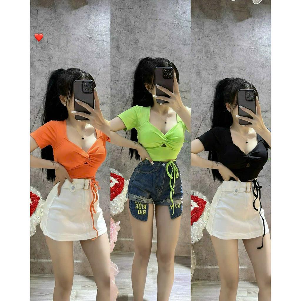 Áo kiểu croptop tay ngắn xoắn ngực dây cột eo cực sexy , chất thun bozip mềm mịn