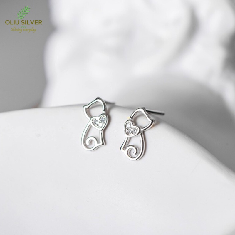 Bông Tai Bạc S925 Mèo Ôm Tim Dễ Thương | Khuyên Tai Nữ Trang Sức Bạc Thời Trang