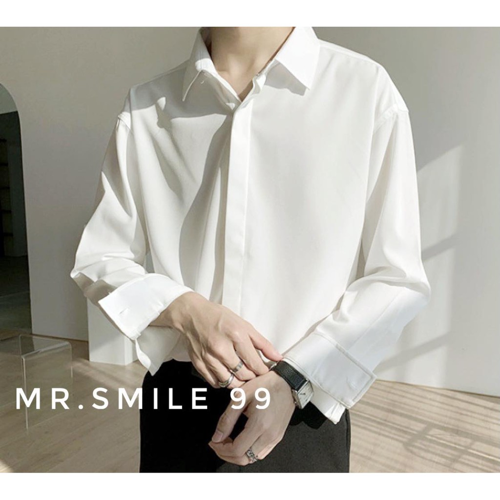 ÁO SƠ MI BASIC GIẤU NÚT TRẮNG ĐEN TAY DÀI NAM NỮ UNISEX HÀN QUỐC MR SMILE 99 SHOP