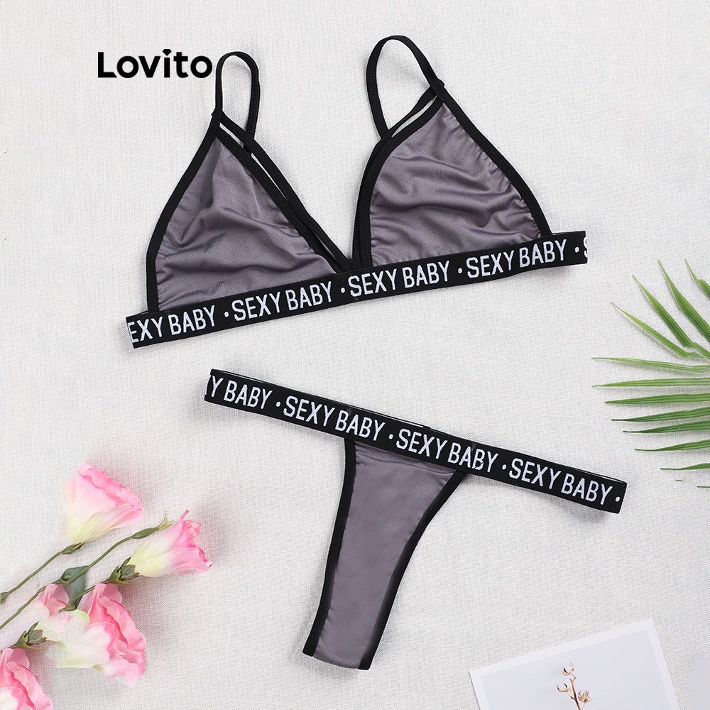 Đồ bơi hai mảnh Lovito in họa tiết chữ sexy L00307 (hồng/xám) | BigBuy360 - bigbuy360.vn