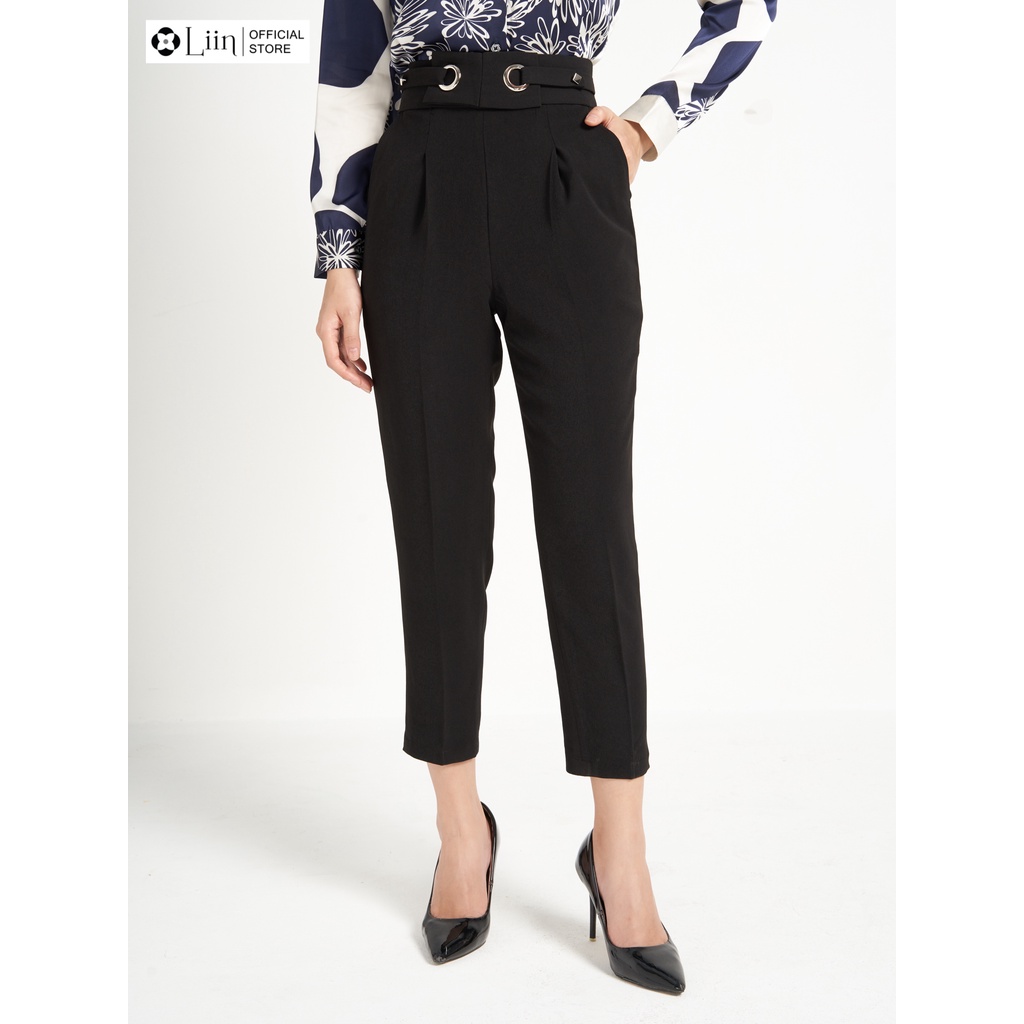 Quần baggy nữ Linbi màu đen cách điệu đai khuyên lỗ kiểu dáng công sở thanh lịch liin clothing Q3578
