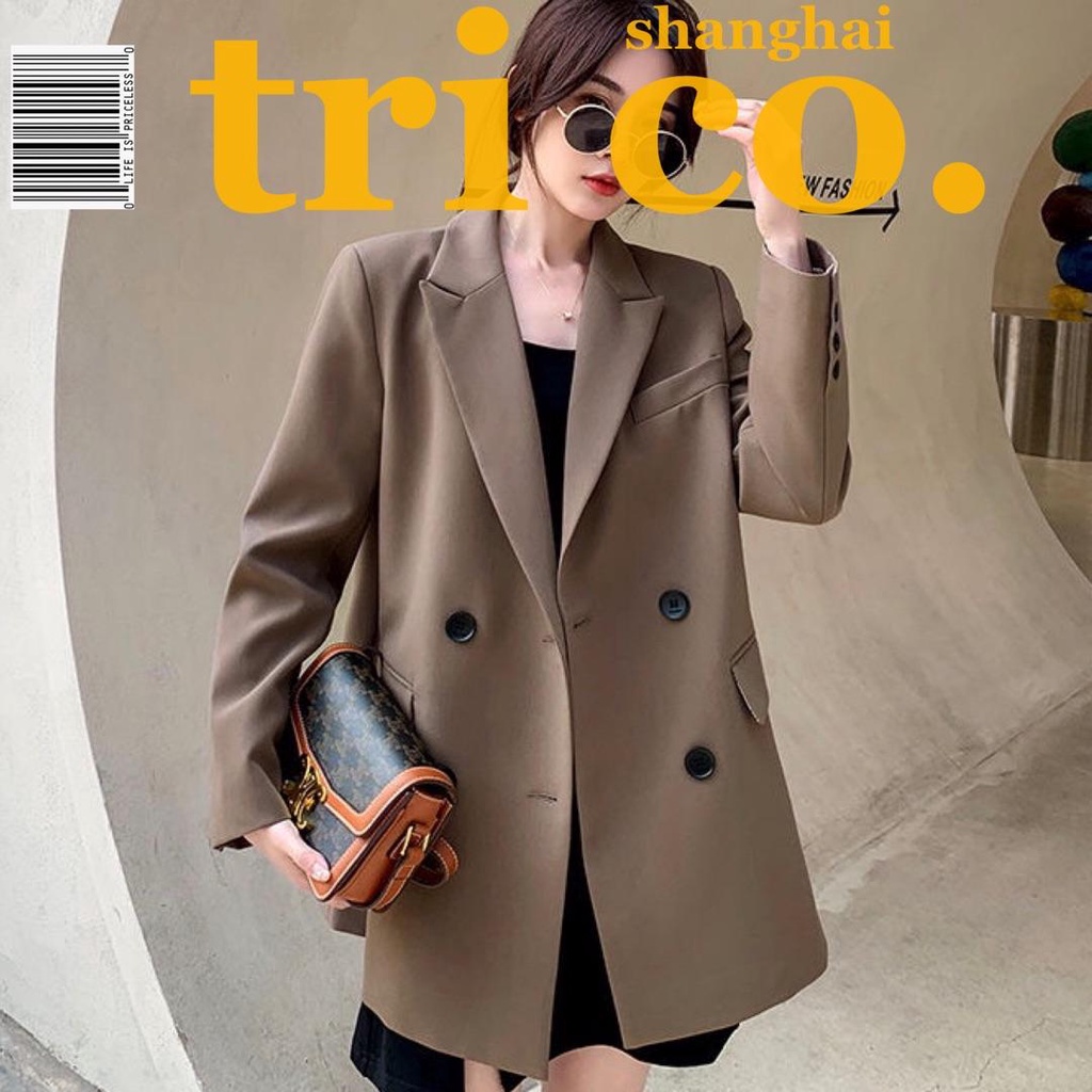 Áo Khoác Blazer Dáng Rộng Màu Cà Phê Thời Trang Hàn Quốc Chất Lượng Cao Cho Nữ Plus Size