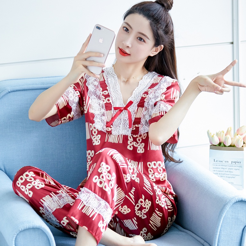 Bộ Đồ Ngủ Tay Ngắn Chất Lụa Satin Thời Trang Hàn Quốc Cho Nữ Size M-3XL