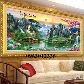 tranh thêu chữ thập phong cảnh sơn thủy hữu tình kt 160x75cm