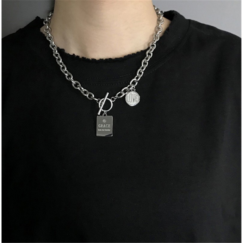 [Giao Hàng Miễn Phí] Dây Chuyền Mặt Vuông/Tròn Thời Trang Phong Cách Hip Hop Cá Tính 2214