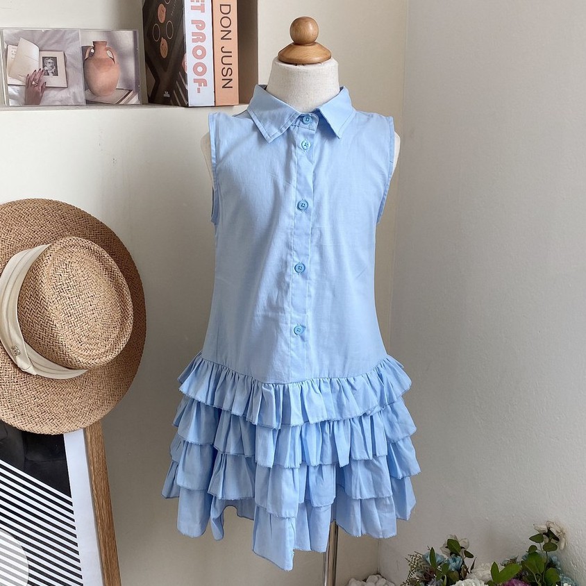 Váy sơ mi bé gái KIWY KIDS sát nách dáng xòe 4 tầng tiểu thư Kidsh2157 cho bé từ 5 đến 11 tuổi