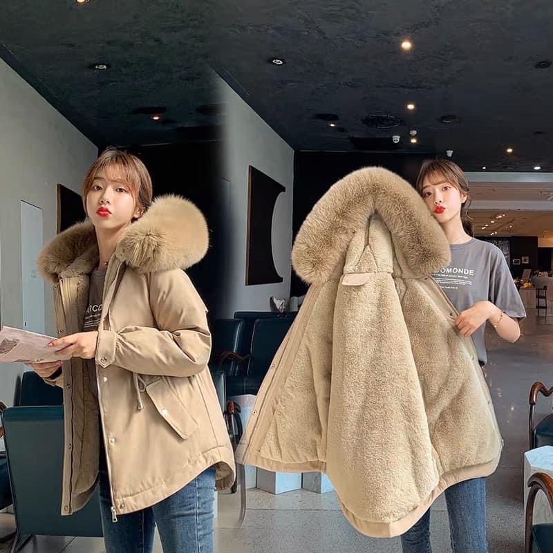 Áo khoác nữ Parka mũ lông xù lót lông đại hàn phong cách hàn quốc