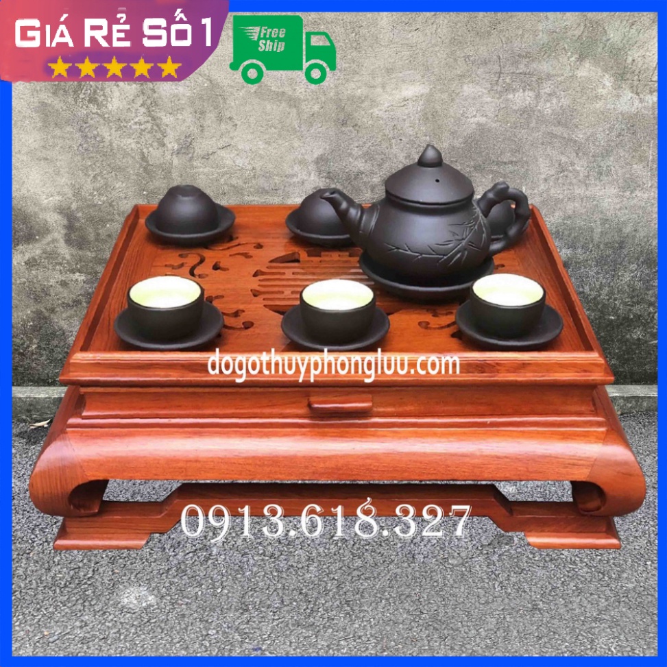 Khay Trà Inox Trang Trí Để Bàn Gỗ Hương Cỡ 45x35 Cao 15cm