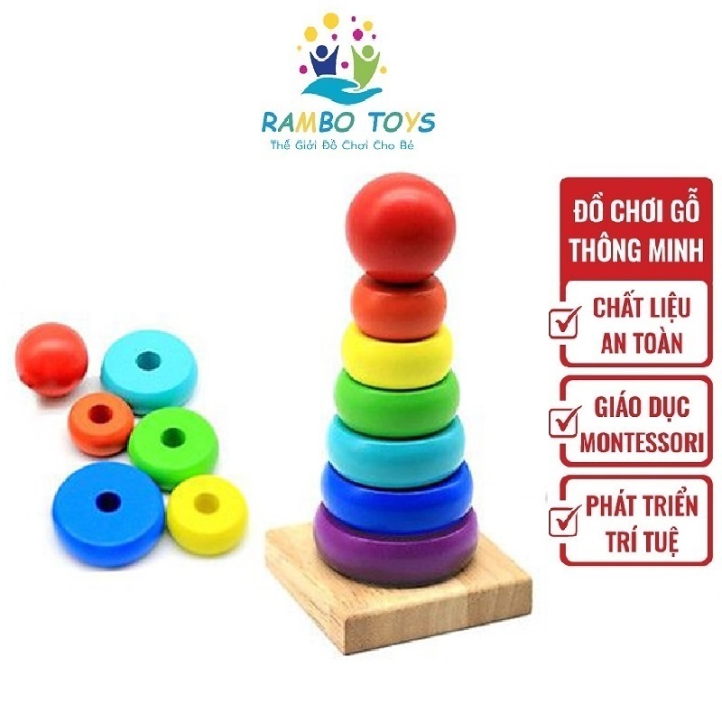 Đồ chơi gỗ tháp xếp chồng cho bé nhận biết màu sắc kích thước, Đồ chơi Montessori gỗ an toàn