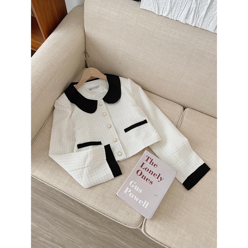 Áo dạ tweed nữ crotop Ulzzang dài tay cổ sen viền đen 2 lớp phong cách tiểu thư