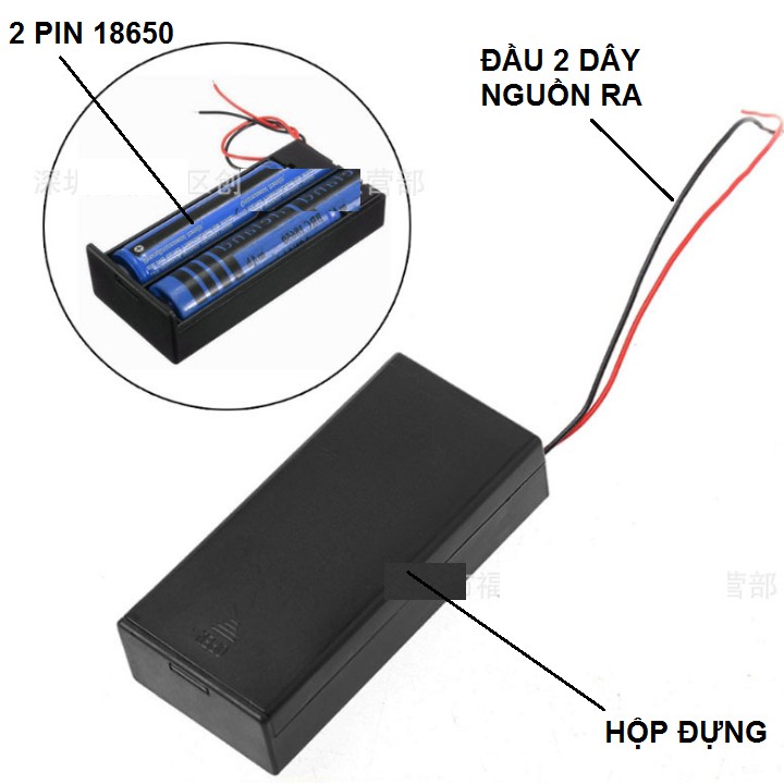 Đế 2 pin 18650 nối tiếp có nắp đậy và công tắc nguồn ra ( 1 hộp)