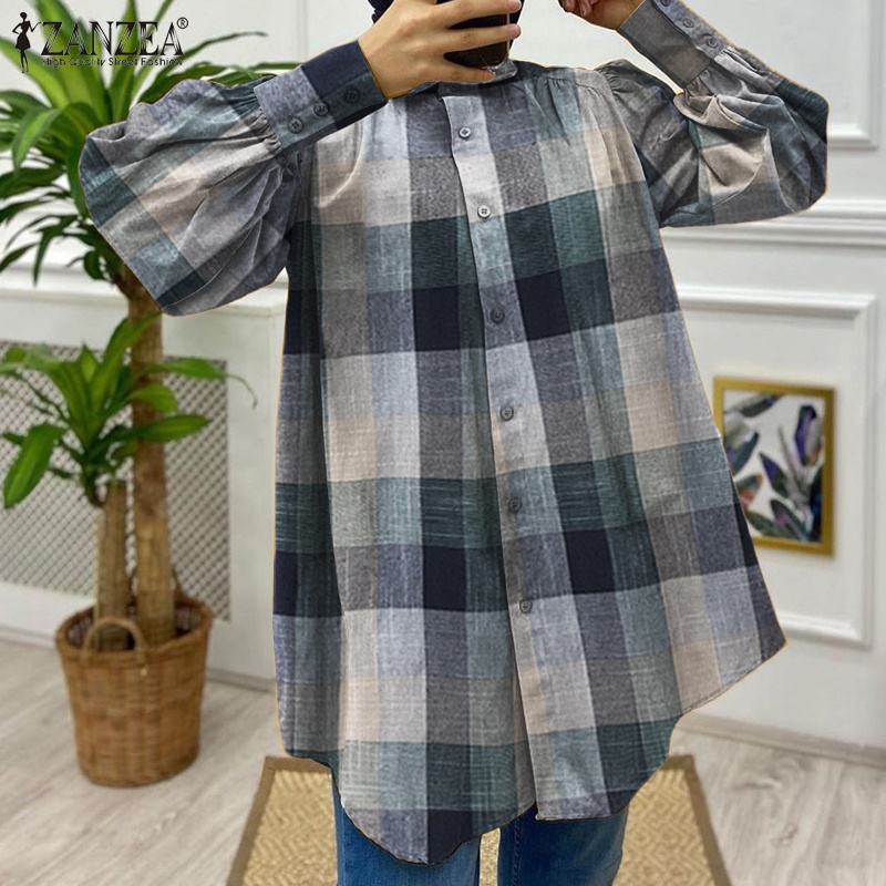 Áo sơ mi ZANZEA tay dài họa tiết sọc ca rô thời trang retro cho nữ