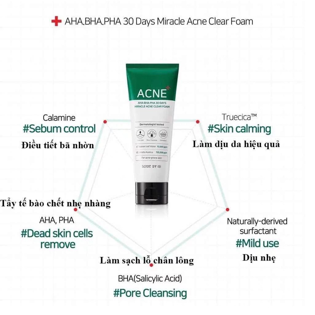 Sữa Rửa Mặt Dưỡng ẨM,Giảm Mụn Some By Mi AHA-BHA-PHA 30 Days Miracle Acne Clear Foam 100ml