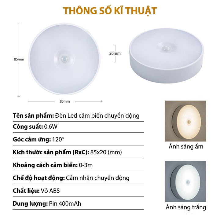 Đèn Cảm Biến Thông Minh, Đèn Led Tròn Cảm Ứng Chuyển Động Dán Tường Sạc USB Gắn Tủ Quần Áo, Hành Lang - Tặng Kèm Sticker